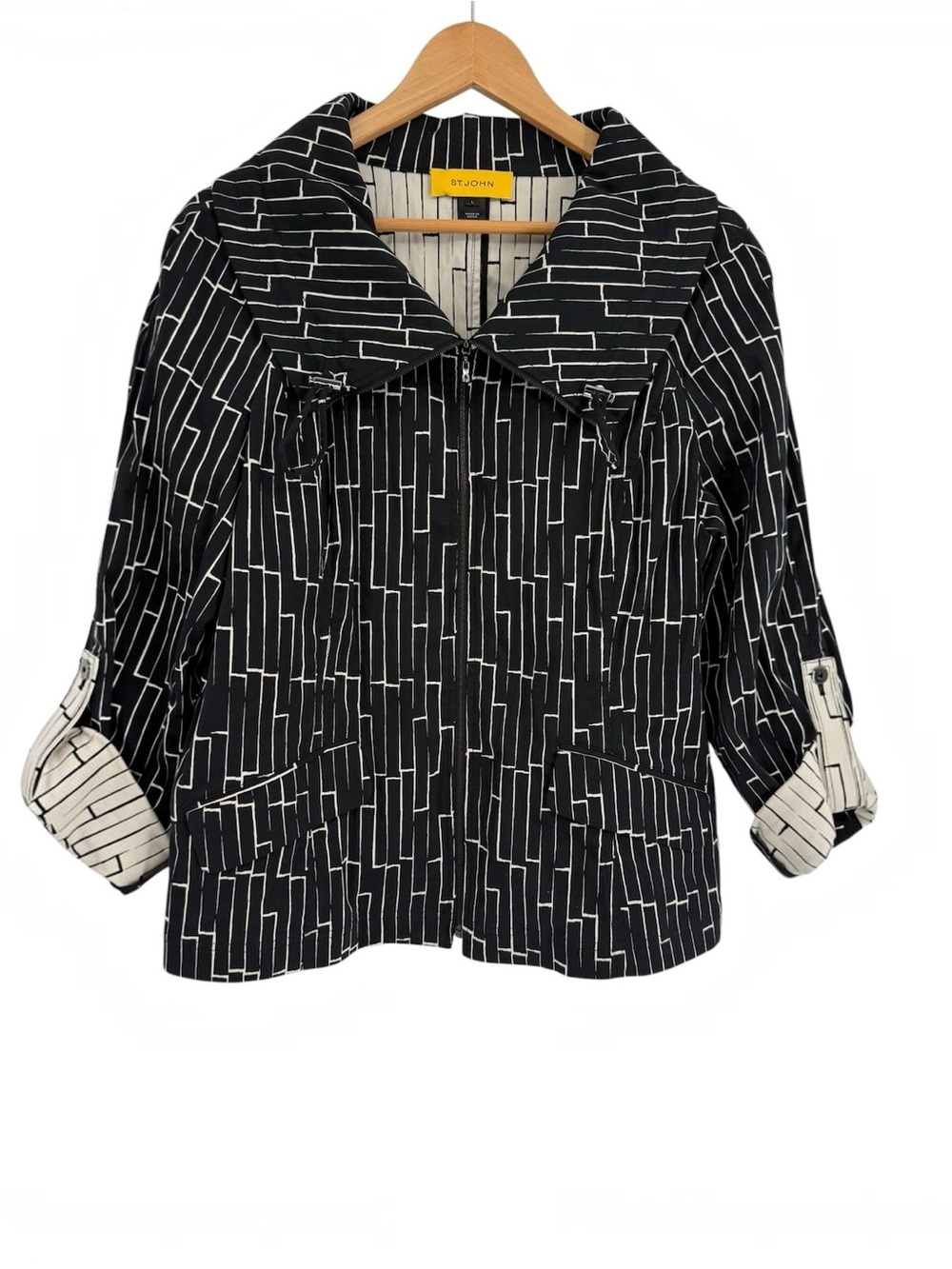 St. John Jacket Black cream block pattern full zip Size L Collared Roll-tab Coat
